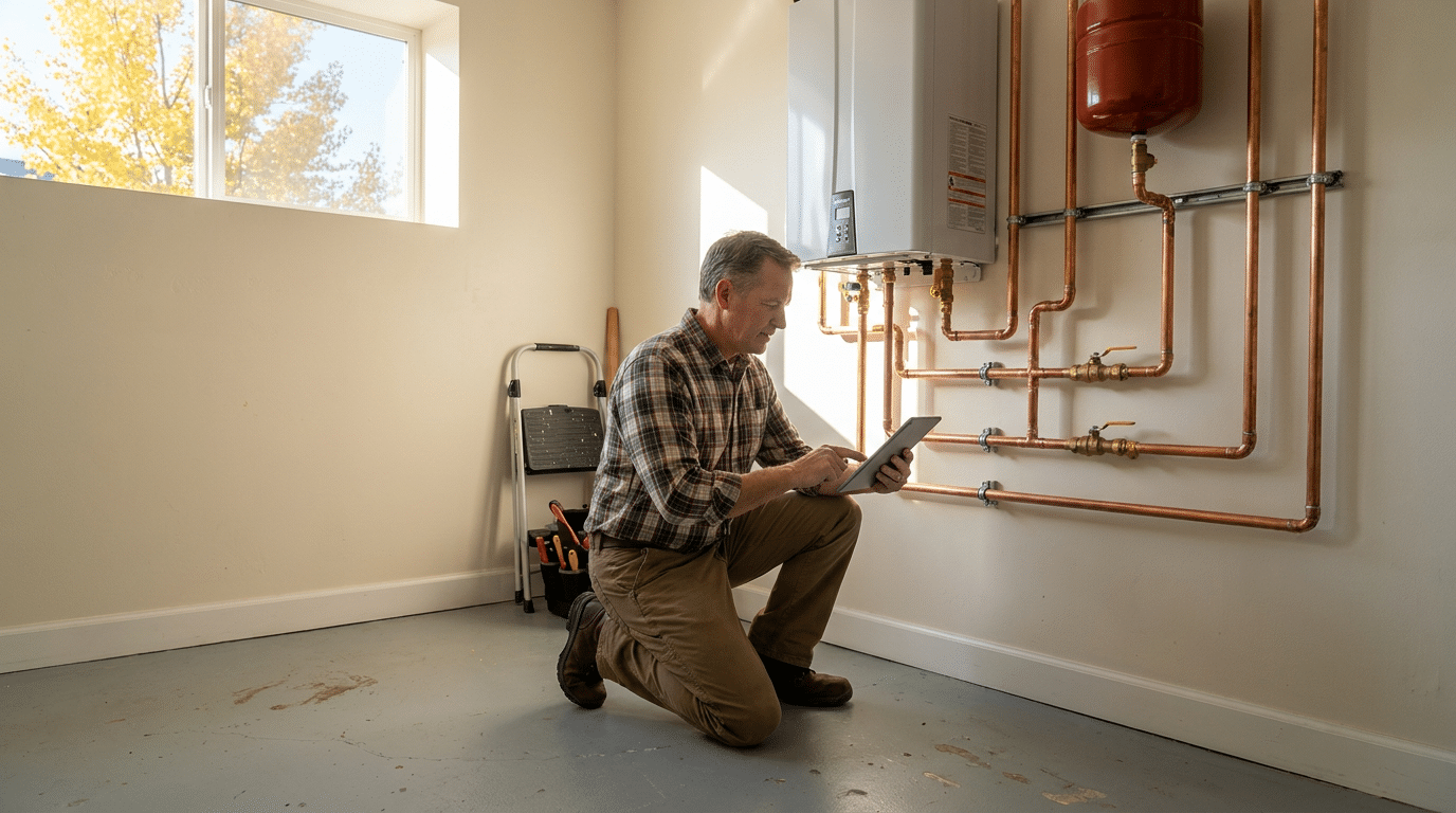 A man kneels on the floor in a utility room in North Salt Lake, inspecting a tablet while examining copper pipes and performing boiler maintenance on the system mounted on the wall.