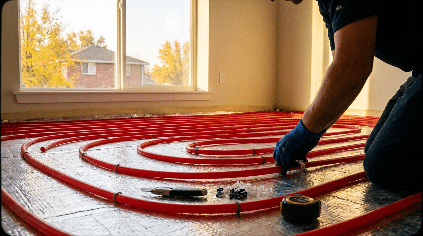 A person installs red radiant floor heating pipes on a reflective surface in a room with large windows, showcasing an efficient approach to radiant heating. Tools and pipe connectors are visible on the floor, highlighting the careful installation process typical in homes around North Salt Lake.