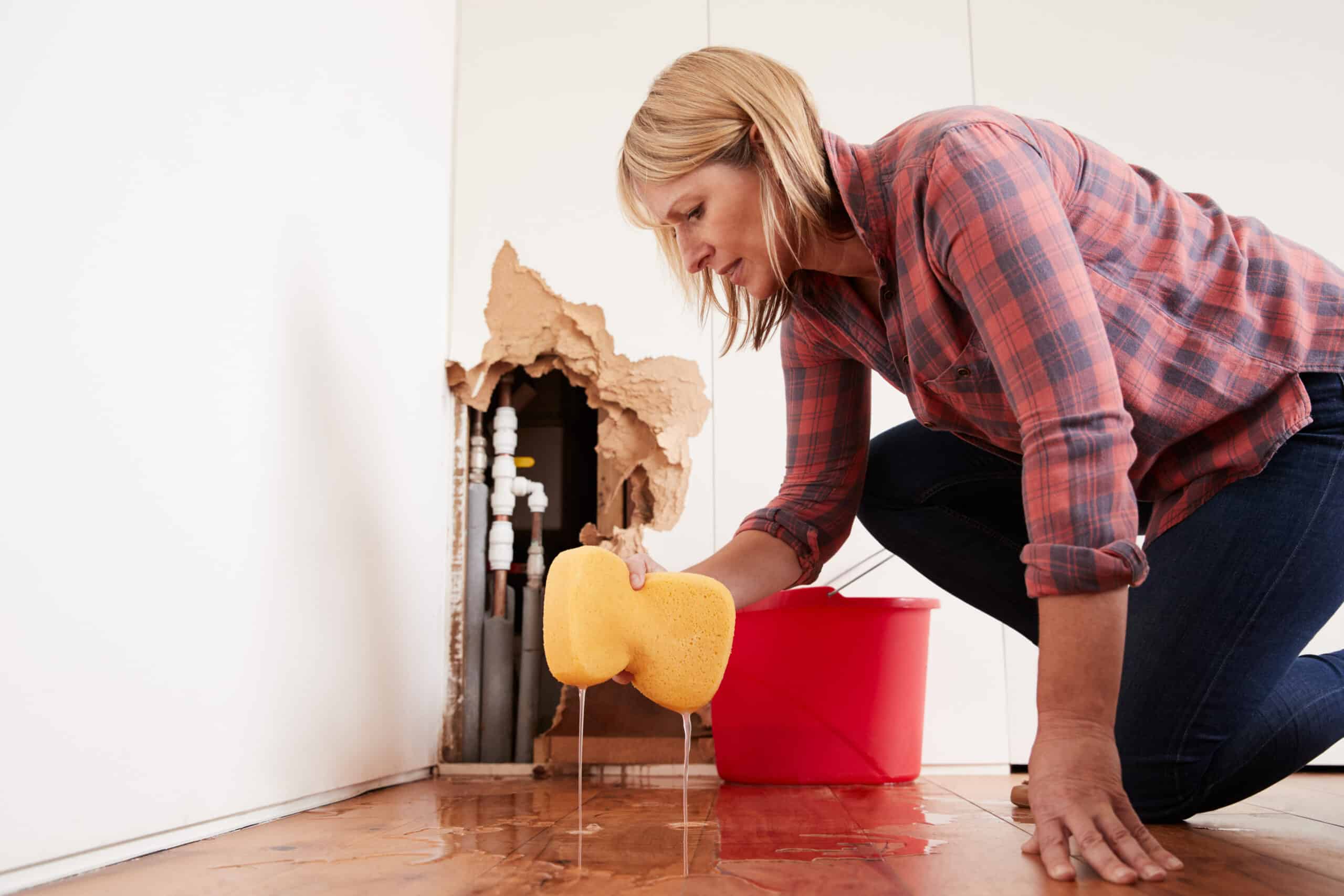 A woman kneels on the floor using a large sponge to soak up water near a damaged wall with exposed plumbing, highlighting the urgency of emergency plumbing, as a red bucket sits beside her.
