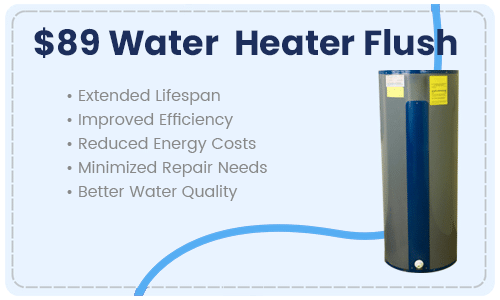 Promotional graphic advertising an $89 water heater flush, listing benefits such as extended lifespan, improved efficiency, reduced energy costs, fewer repairs, and better water quality.