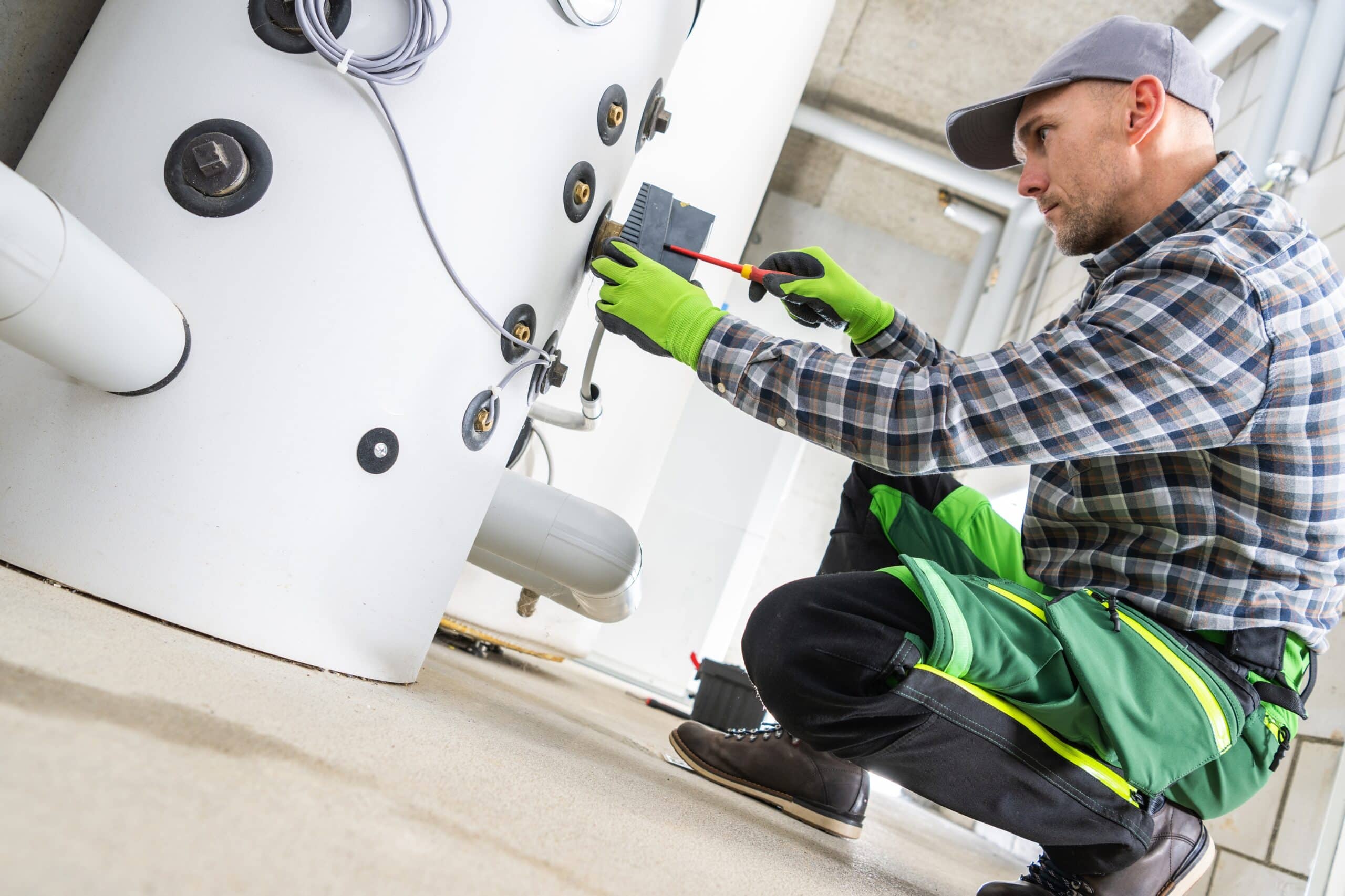 A technician wearing gloves and a cap uses a screwdriver to perform water heater repair on a large industrial tank or boiler in a utility room.
